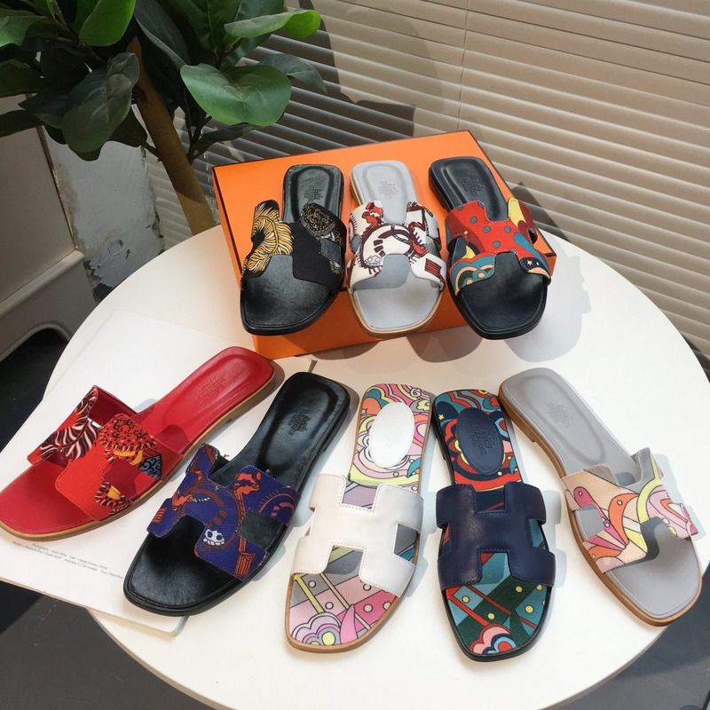 H**mes blue flats slides sandals