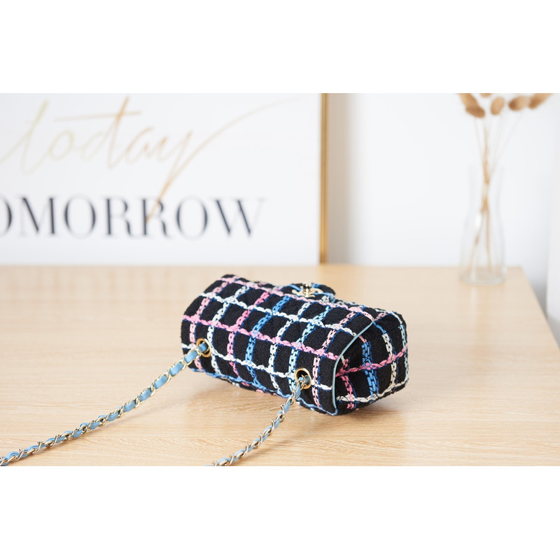Ch*el mini flap bag gold tone metal black & multicolour