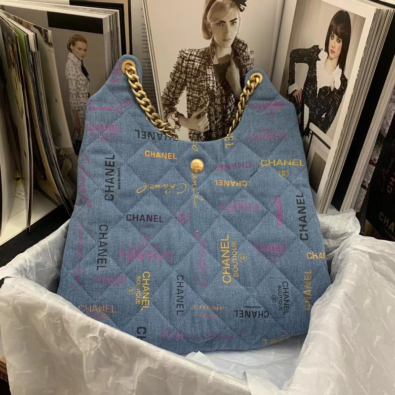 Ch*el maxi hobo bag printed denim & gold-tone metal blue & multicolor
