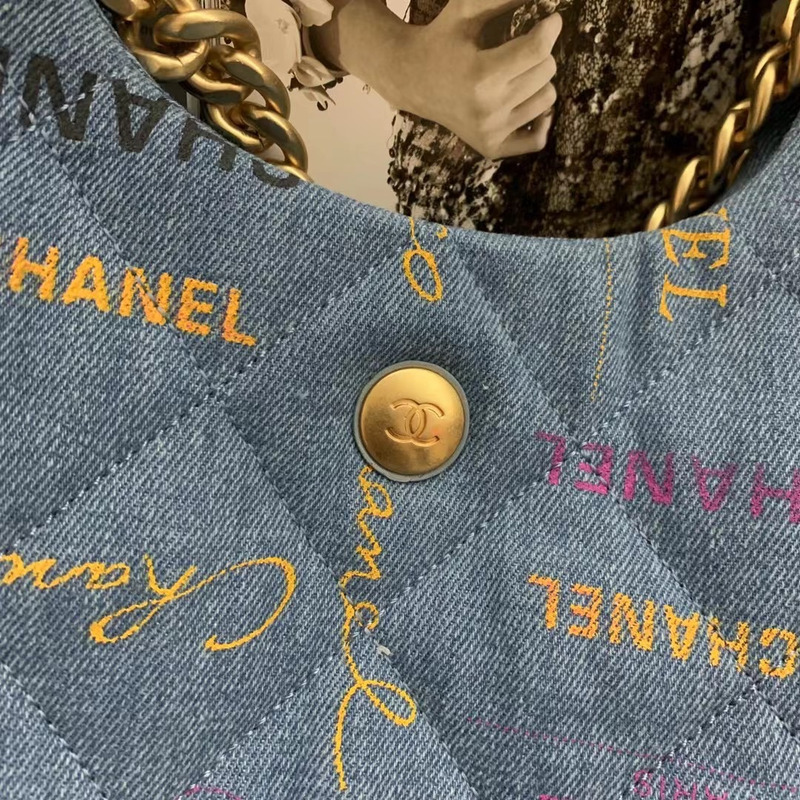 Ch*el maxi hobo bag printed denim & gold-tone metal blue & multicolor