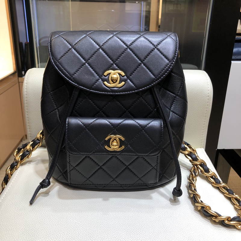 Ch*el lambskin duma gold hardware backpack black