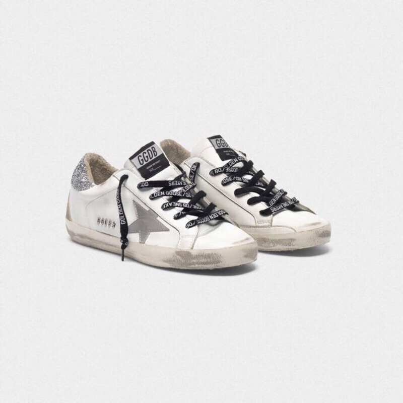 golden goose men’s S*per-star sneakers with suede star and sliver glitterheel tab