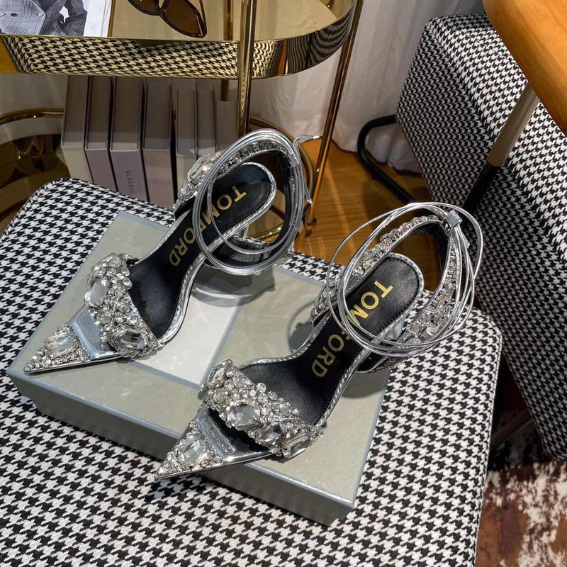 Tom Ford Mirror Leather And Crystal Stones Pointy Jewel Sandal Sliver
