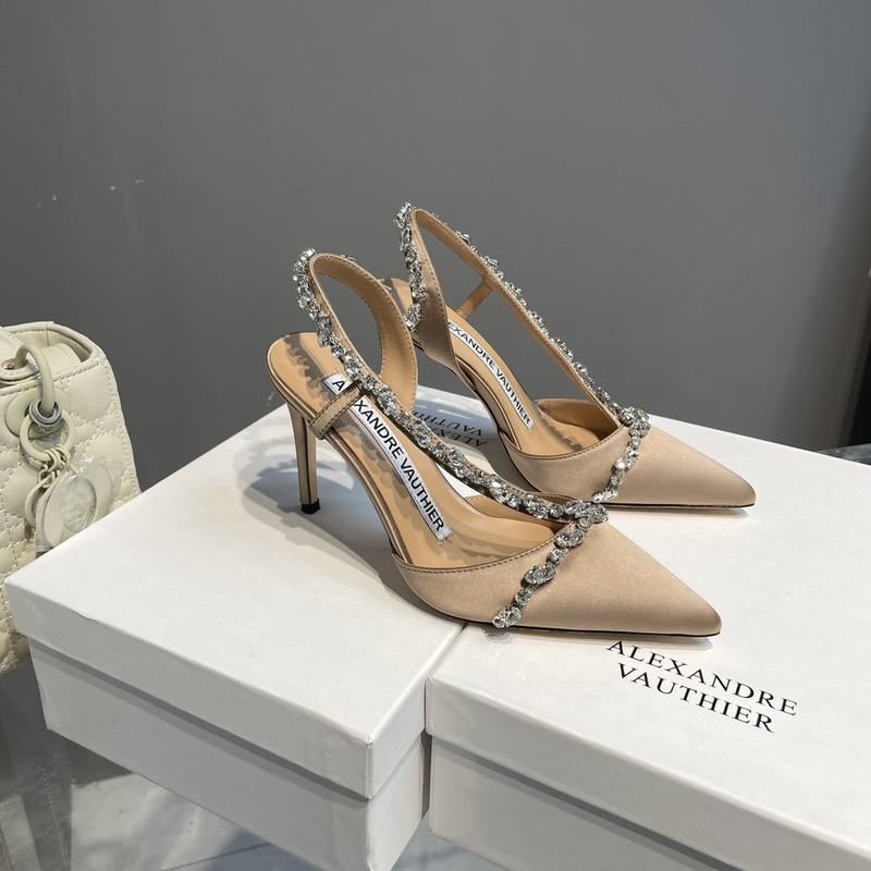 Alexandre Vauthier Pointed Toe Rhinestone High Heels Stiletto Silk Sandals Champagne