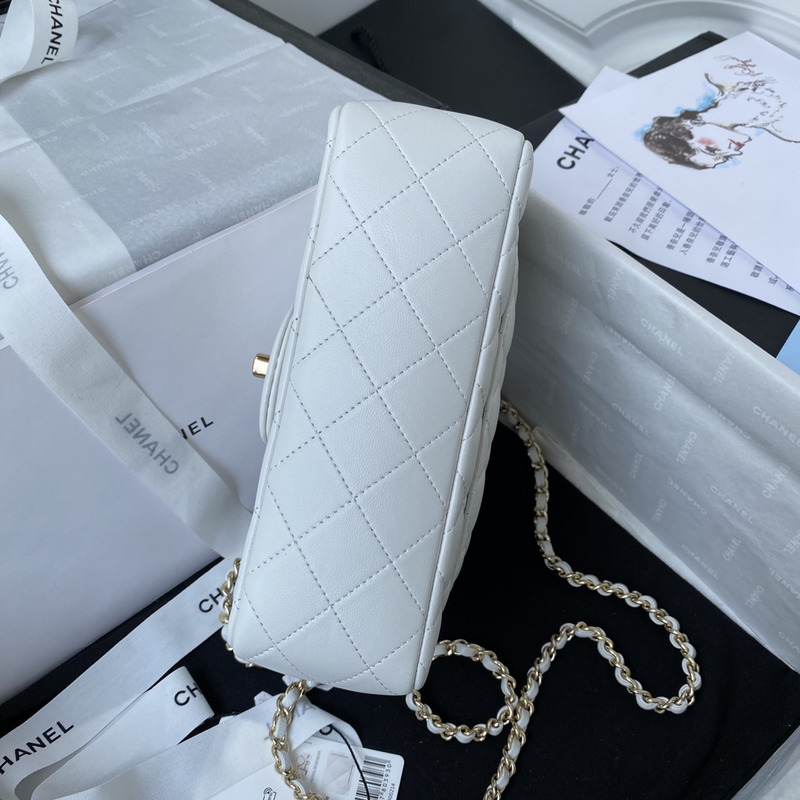 Ch*el mini flap bag with top handle lambskin & gold-tone metal white