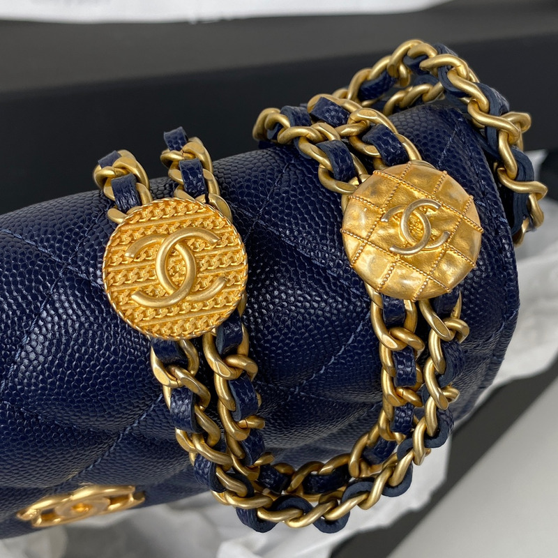 Ch*el small flap bag grained shiny calfskin & gold-tone metal blue
