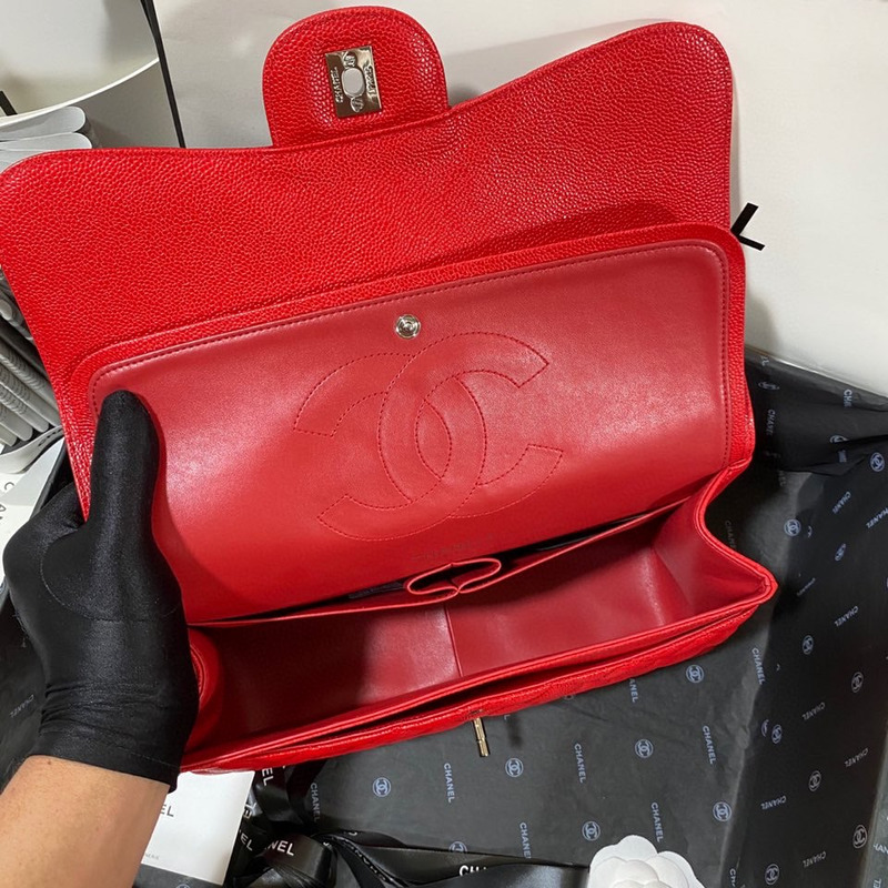 Ch*el cf1113 jumbo double flap grained calfskin red