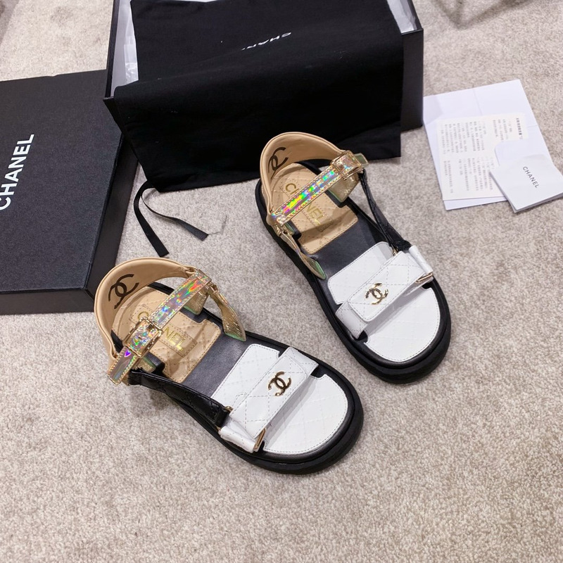 Ch*el open toe platform plain block heels white/brow