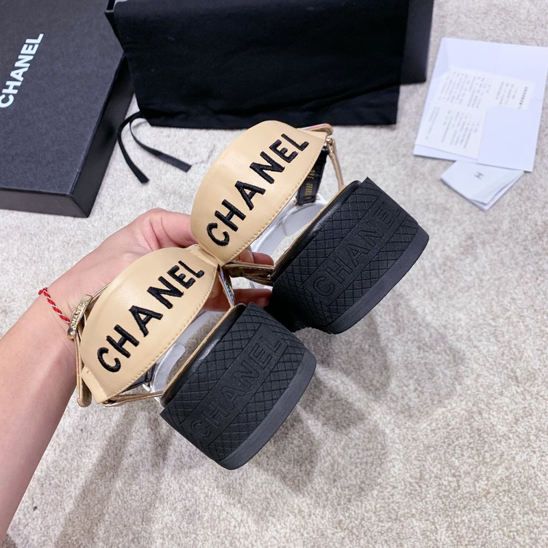 Ch*el open toe platform plain block heels white/brow