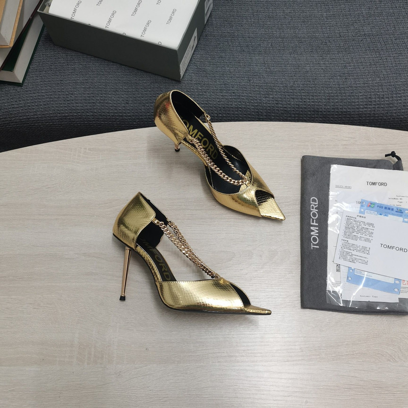 Tom Ford Open Toe Pointed Toe Chain Detail High Heel in Light Gold