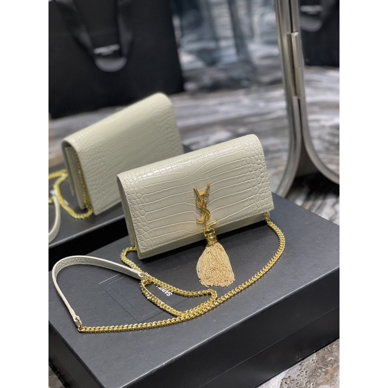 Saint Laurent Monogram Grain de Poudre Crossbody Bag White