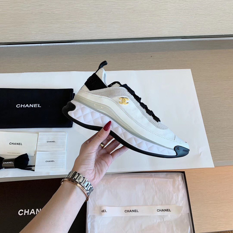 Ch*el velvet calfskin mixed fibers cc sneakers ivory black