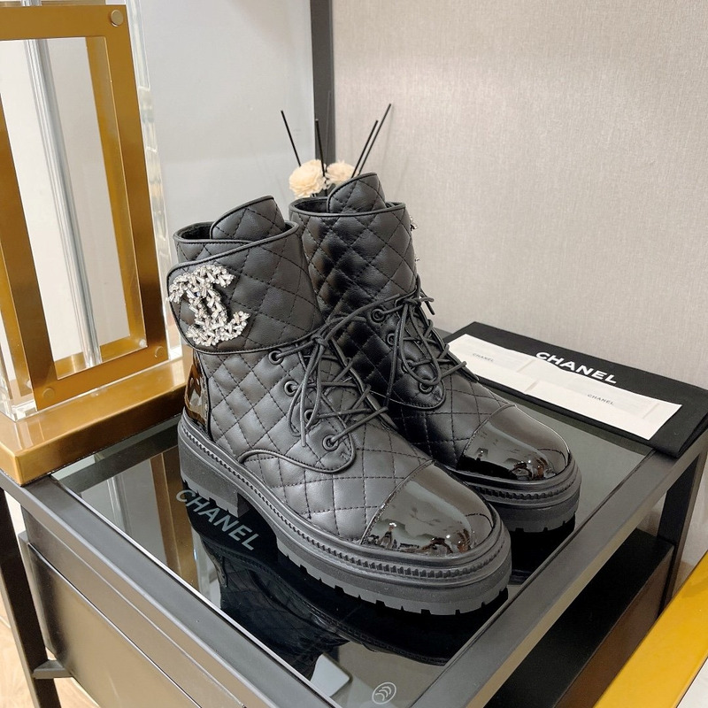 Ch*el cc chain quilted lambskin and calfskin lace up boots black