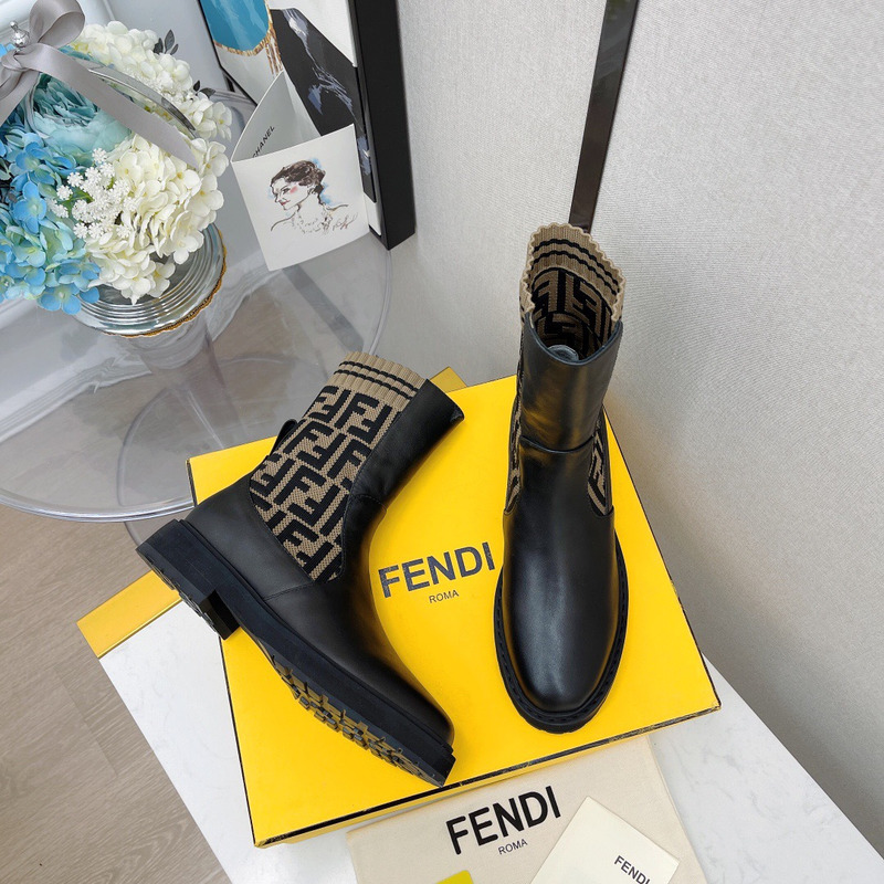 F**di black leather biker boots with ff motif sock leg