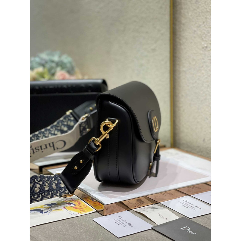 D*or large D*or bobby bag black shiny calfskin with blue oblique print shoulder strap