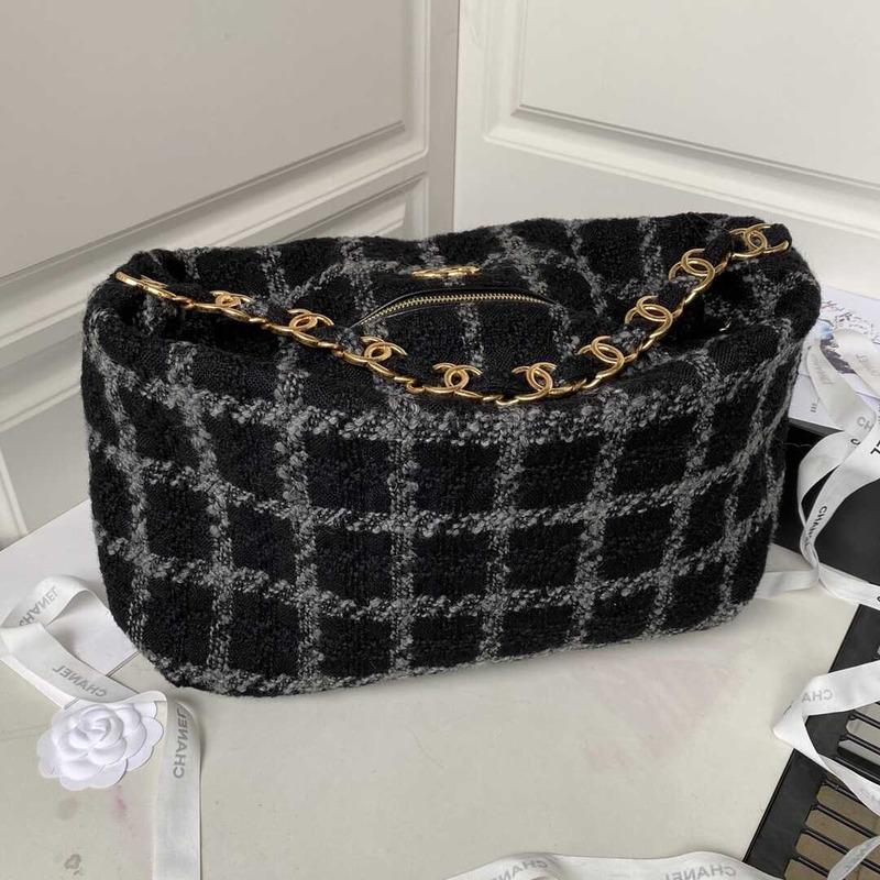 Ch*el oversized hobo bag wool twill & gold-tone metal black and gray