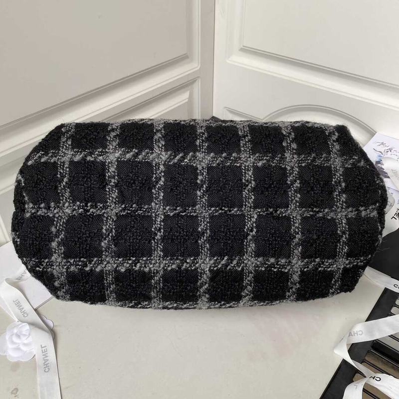 Ch*el oversized hobo bag wool twill & gold-tone metal black and gray