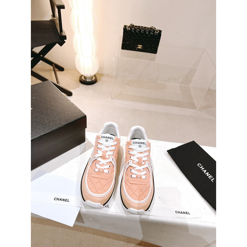 Ch*el sneaker trainer fabric suede pink black lace-up low top