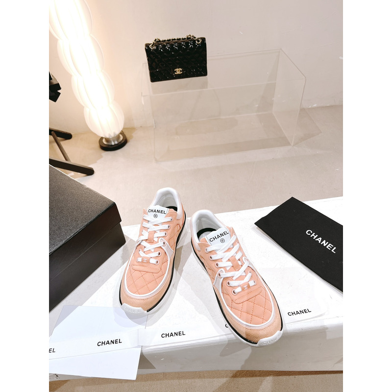 Ch*el sneaker trainer fabric suede pink black lace-up low top