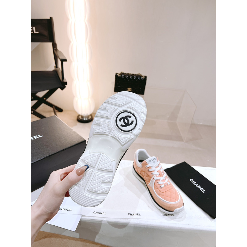 Ch*el sneaker trainer fabric suede pink black lace-up low top