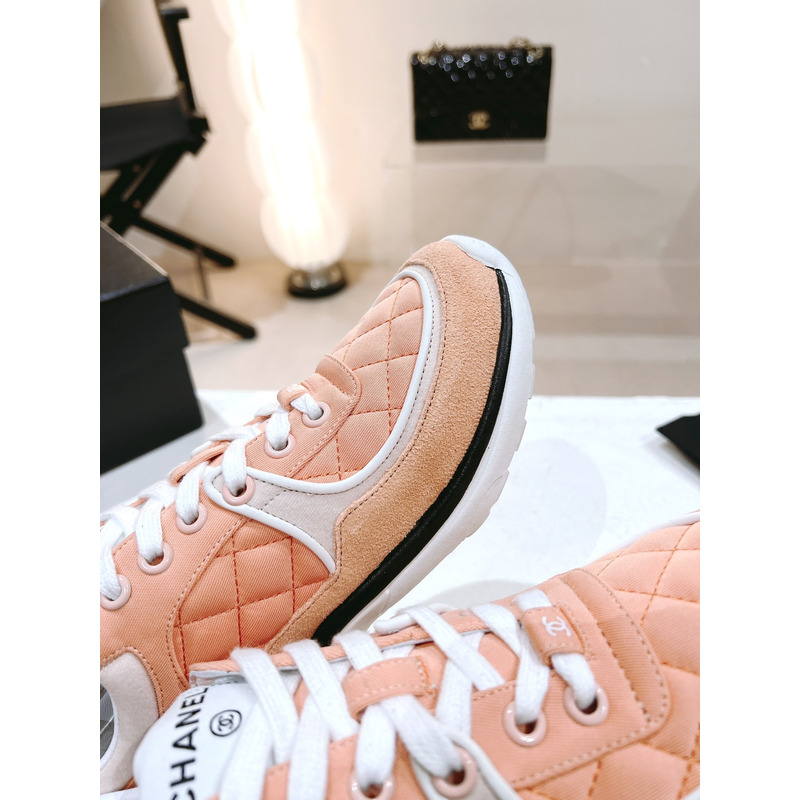 Ch*el sneaker trainer fabric suede pink black lace-up low top