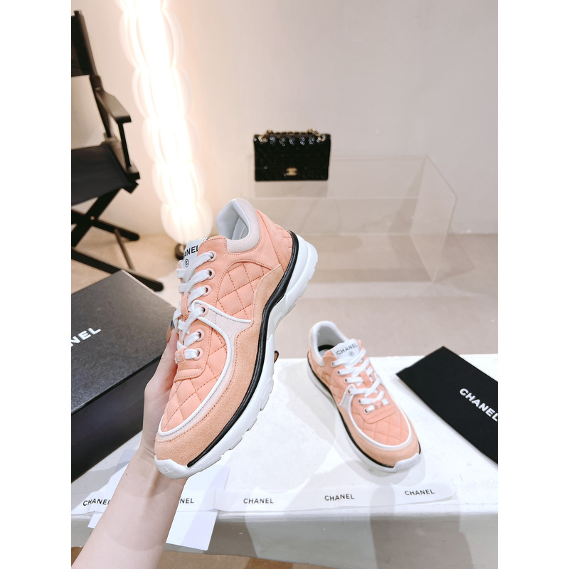 Ch*el sneaker trainer fabric suede pink black lace-up low top
