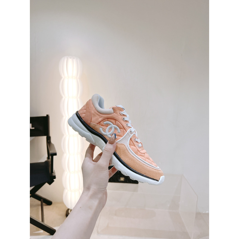 Ch*el sneaker trainer fabric suede pink black lace-up low top
