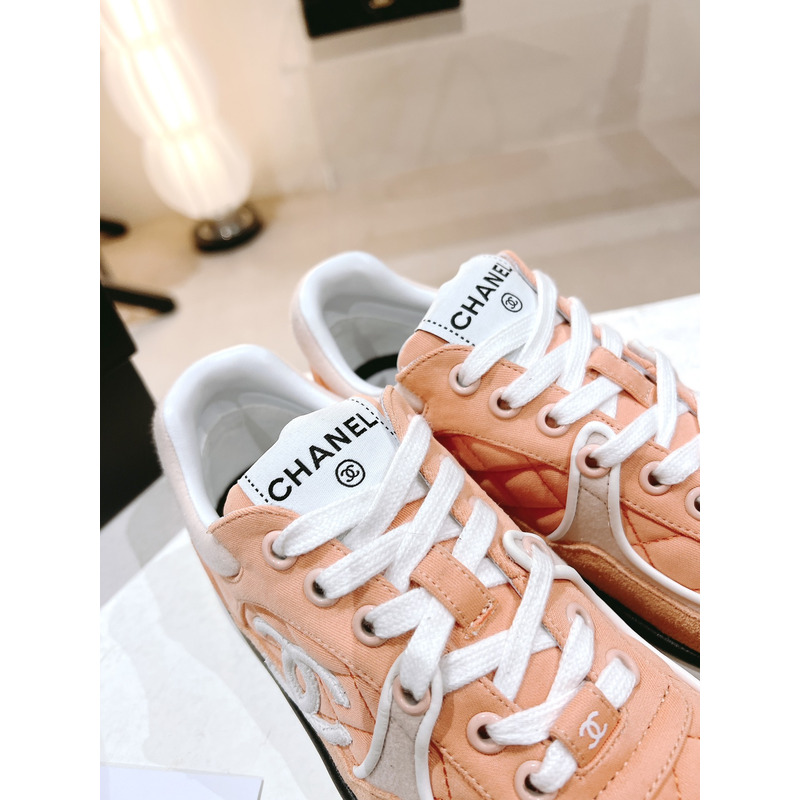 Ch*el sneaker trainer fabric suede pink black lace-up low top