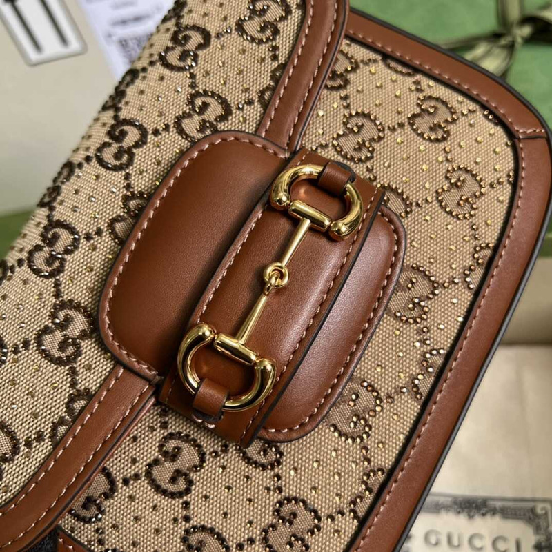 G*u*i horsebit 1955 mini leather-trimmed crystal-embellished canvas-jacquard shoulder bag