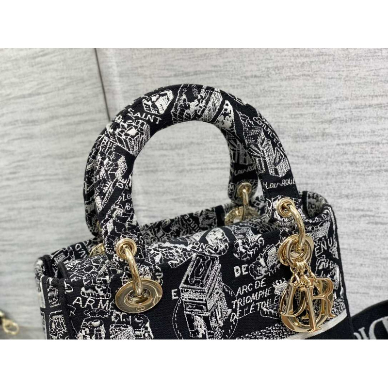 D*or medium lady d-lite bag black and white plan de paris embroidery