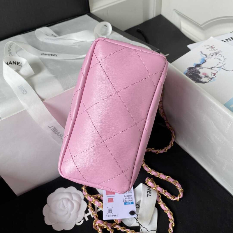 Ch*el small bucket bag lambskin resin & gold-tone metal pink