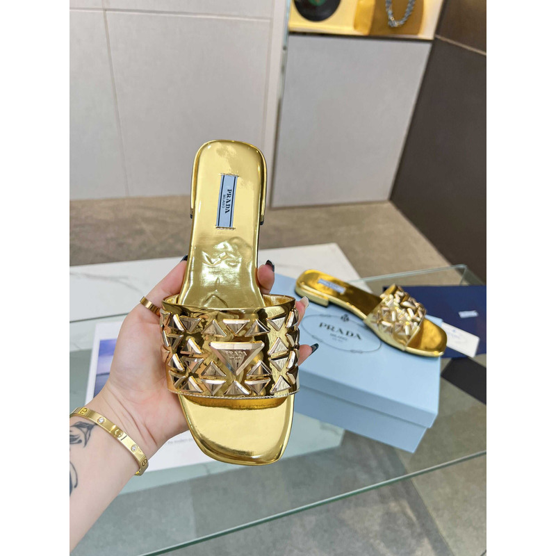 Pra*a leather studded metallic slides gold