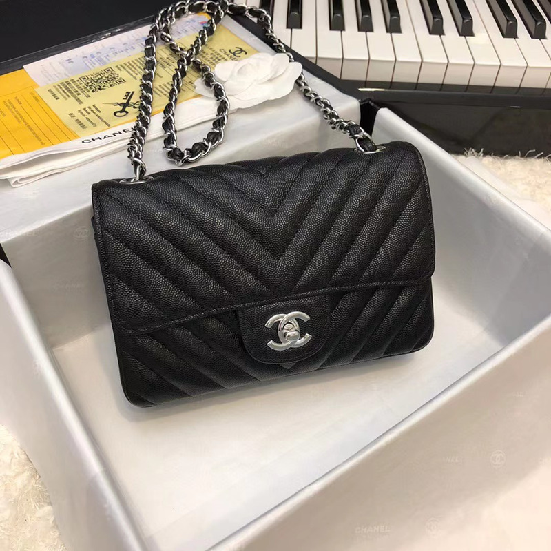 Ch*el rectangular flap chevron quilted metallic mini black