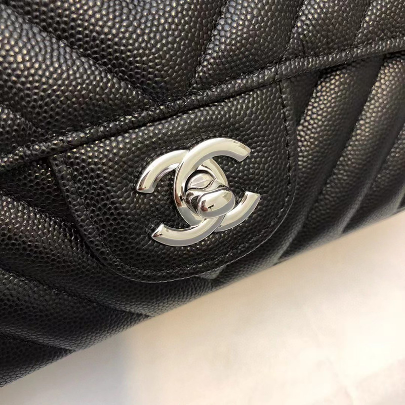 Ch*el rectangular flap chevron quilted metallic mini black