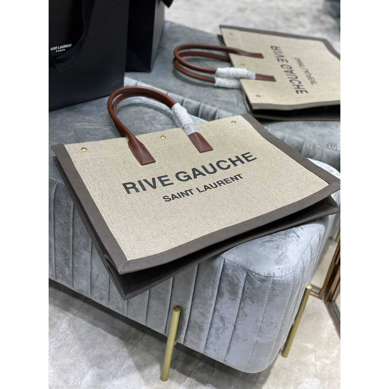 Saint Laurent Rive Gauche Vertical Shopper In Linen And Cotton Gray And Beige
