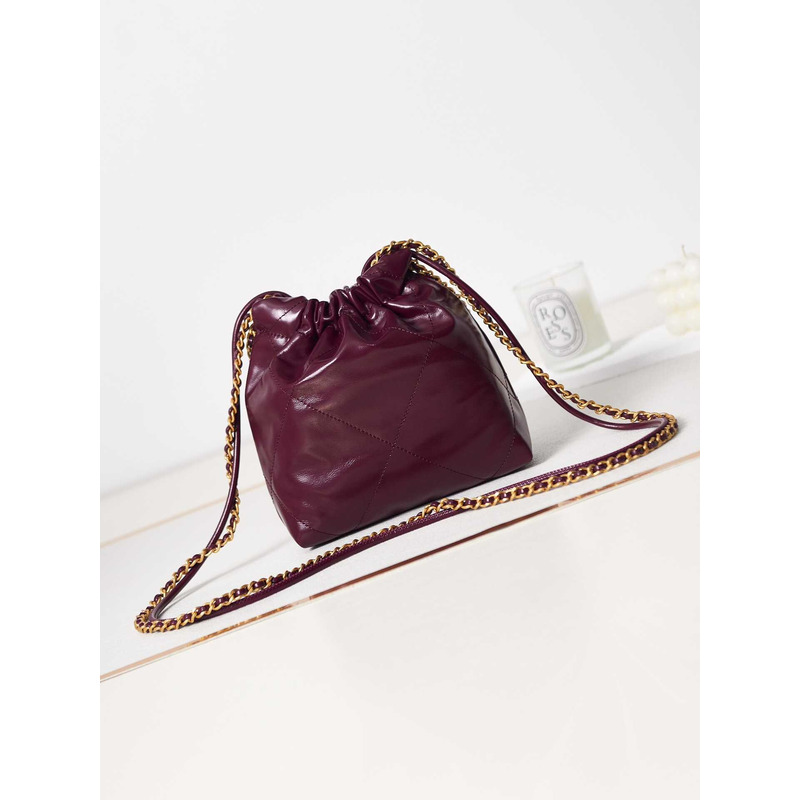 Ch*el 22 mini handbang shiny calfskin & gold-tone metal pale purple