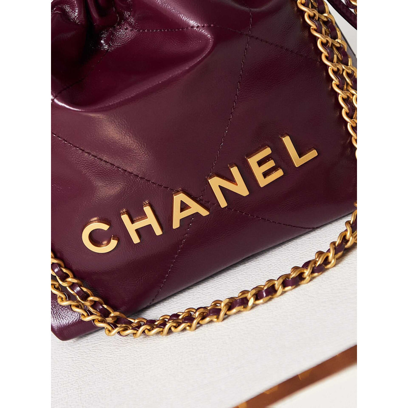 Ch*el 22 mini handbang shiny calfskin & gold-tone metal pale purple