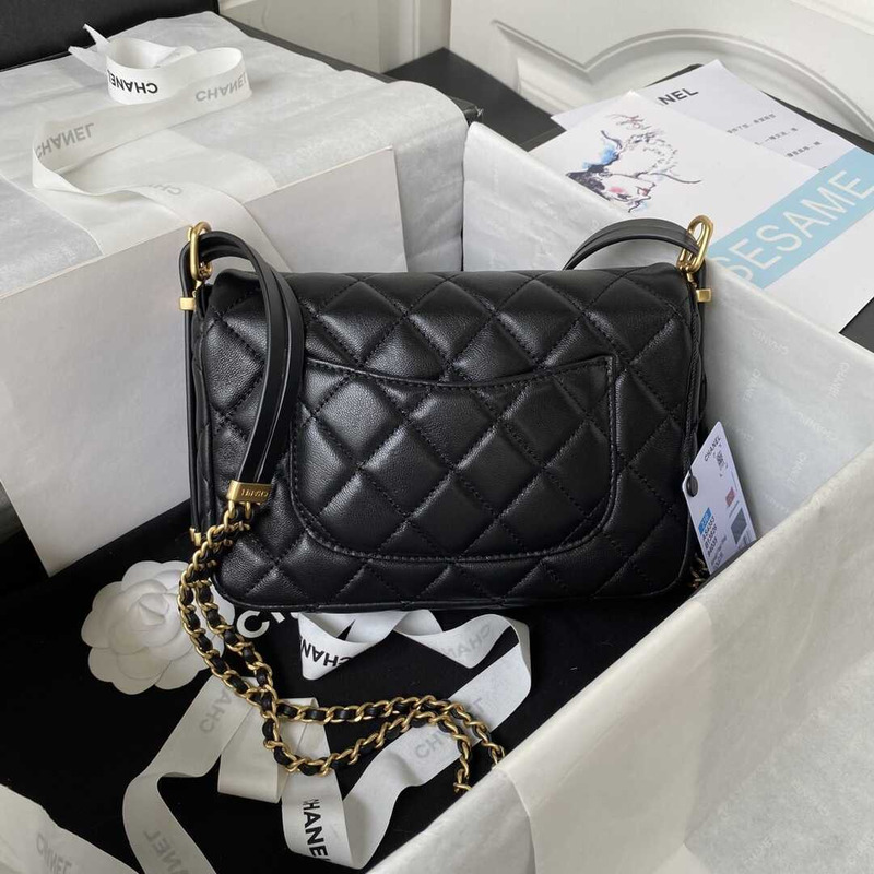 Ch*el small flap bag lambskin & gold-tone metal black
