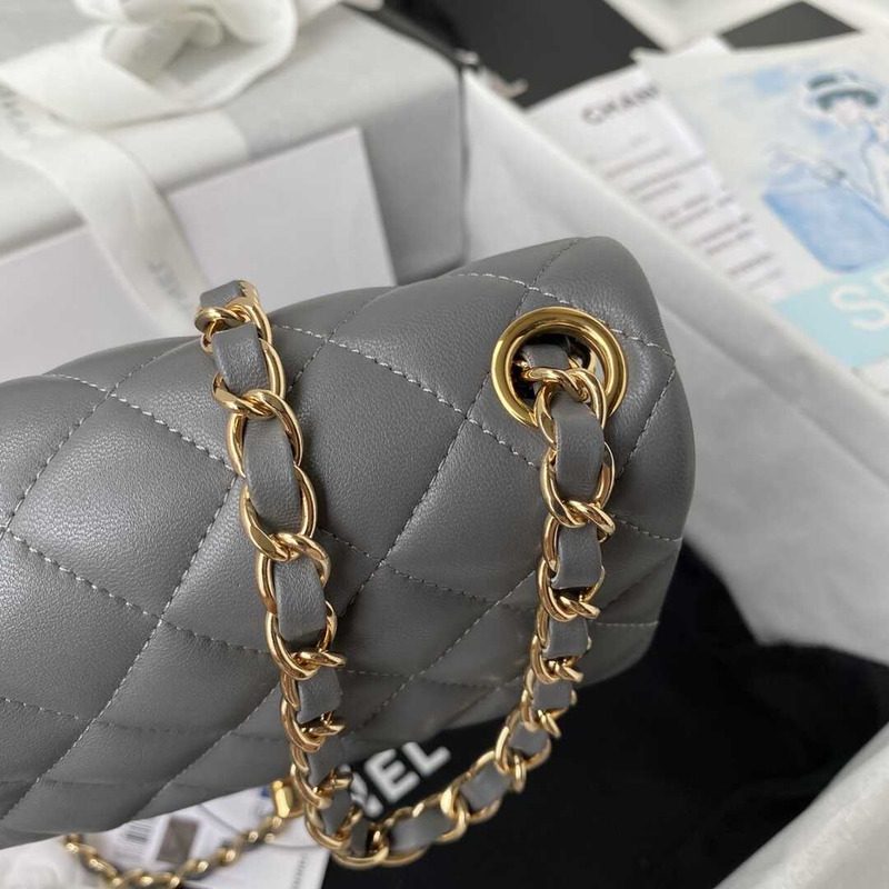 Ch*el mini flap bag lambskin & gold-tone metal grey