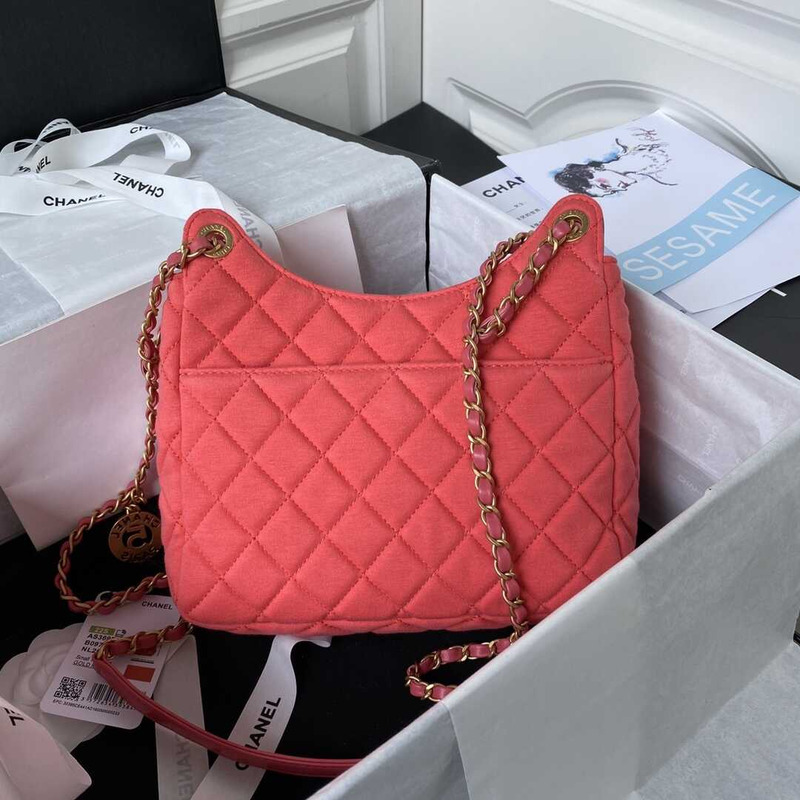 Ch*el hobo bag wool knit gold-tone metal pink