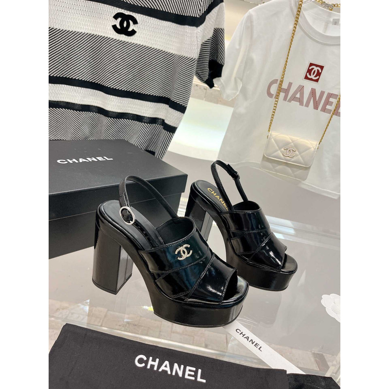 Ch*el lambskin heeled sandals black
