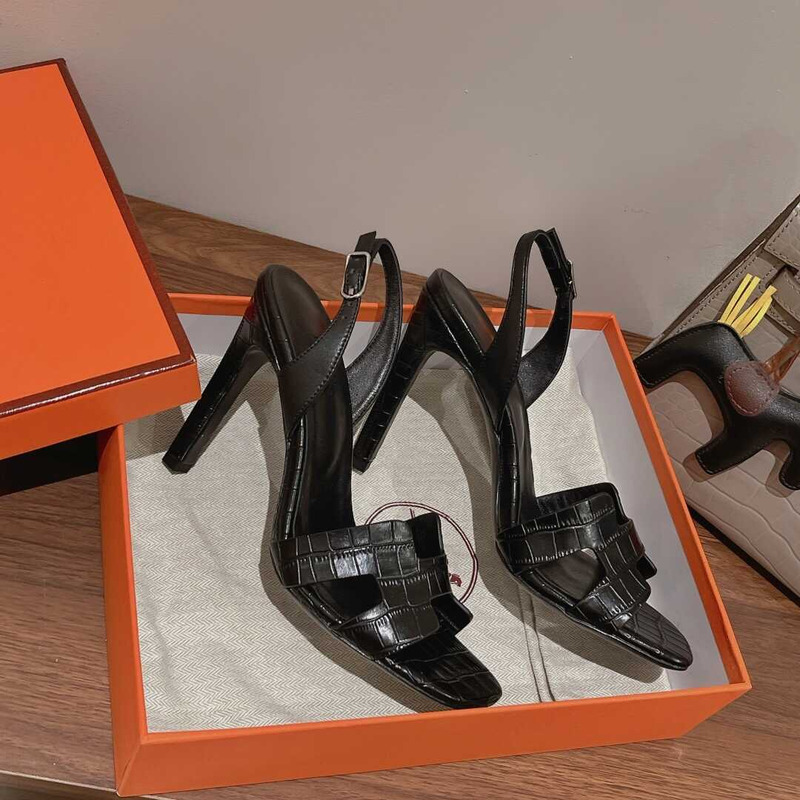 H**mes ella 105 croc heeled sandals black