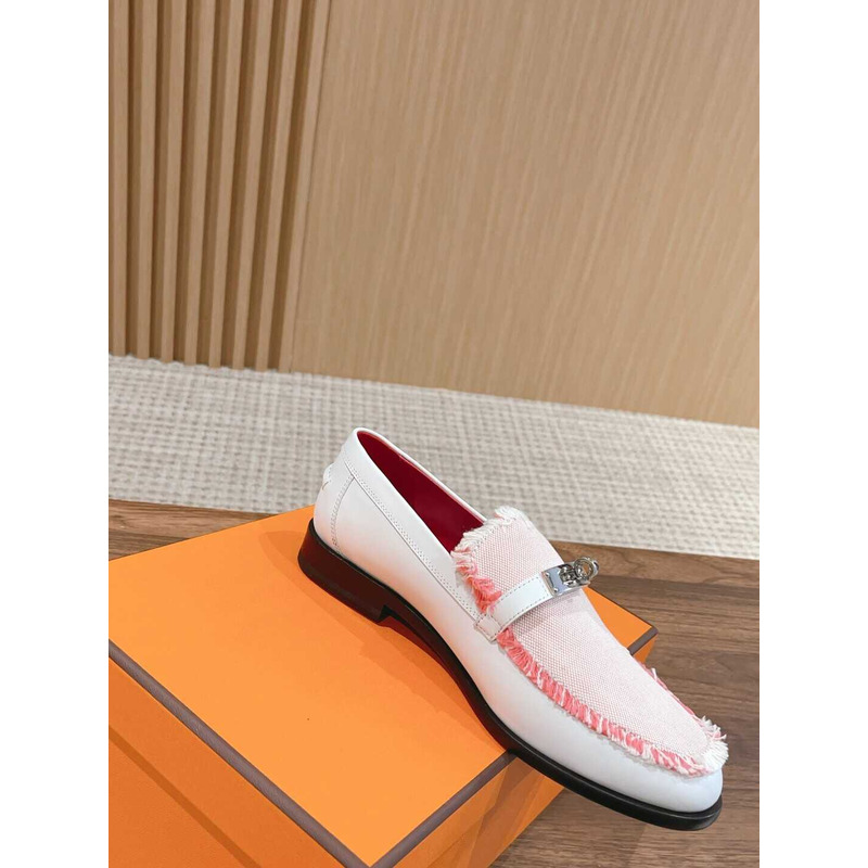 H**mes destin loafer calfskin and fringed canvas beige/framboise
