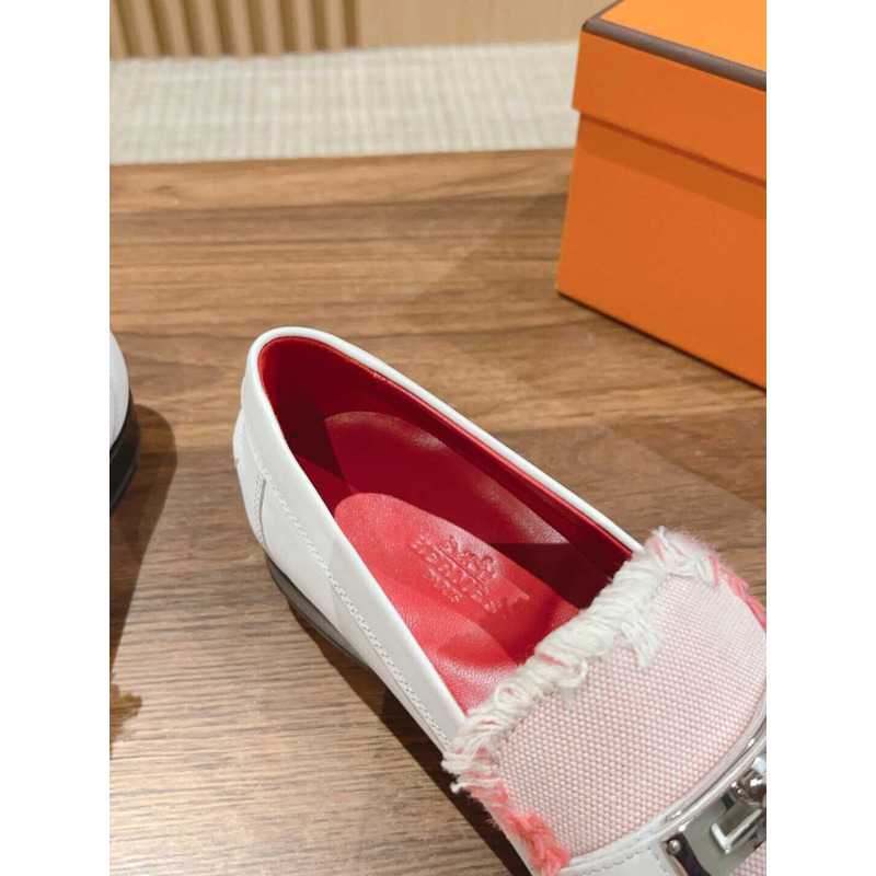 H**mes destin loafer calfskin and fringed canvas beige/framboise