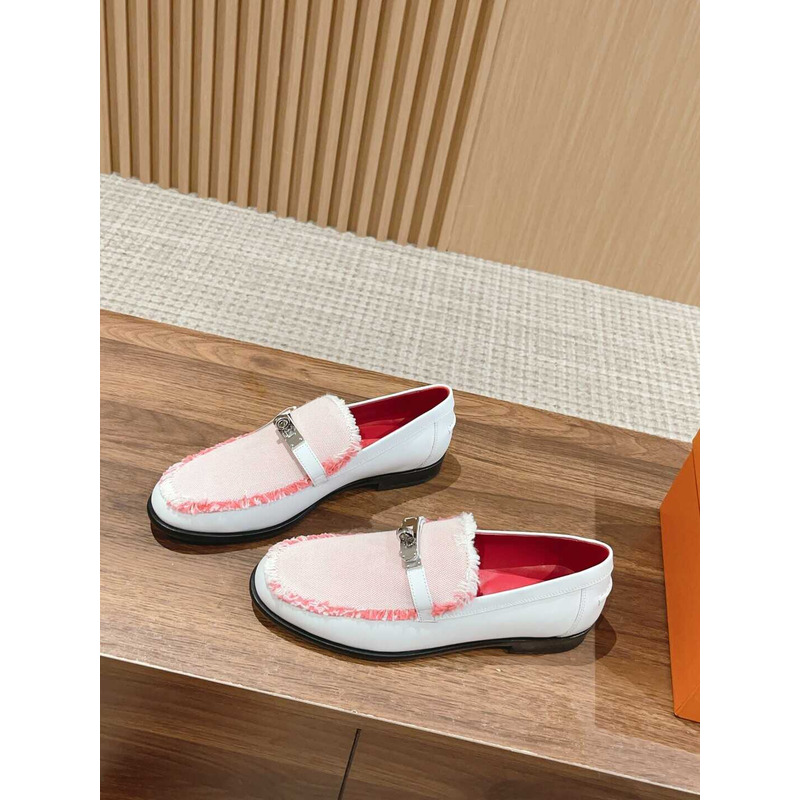 H**mes destin loafer calfskin and fringed canvas beige/framboise