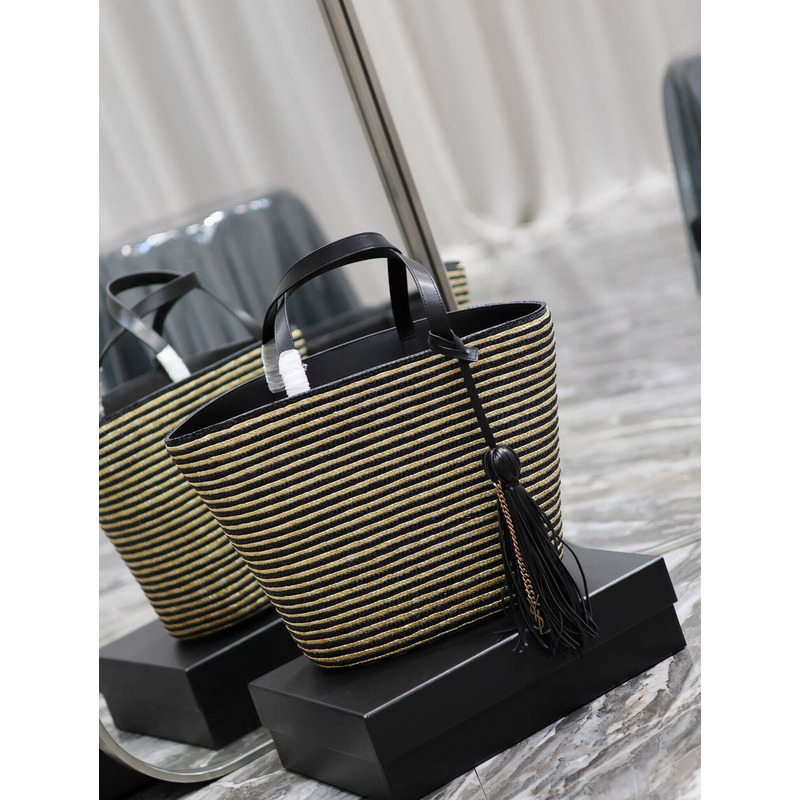 Saint Laurent Shopping Bag Tote Raffia And Leather Beige&Black