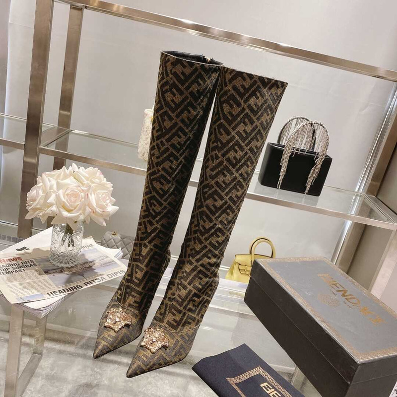 F**di fendace ff jacquard long boots brown