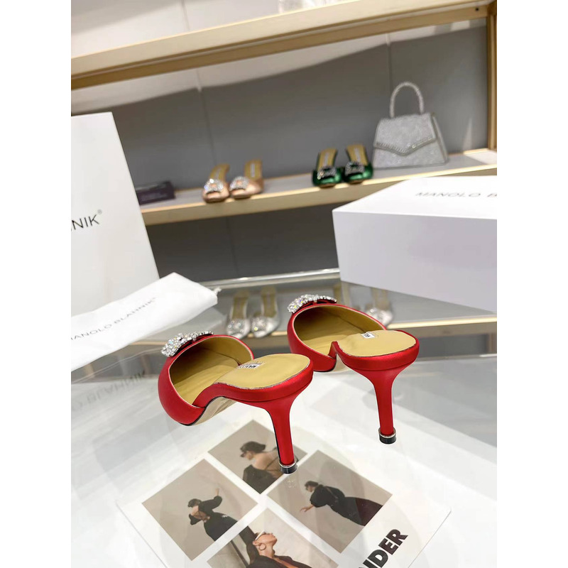 Manolo Blahnik Okkava 105 Jeweled Crystal Buckle Satin High-heeled Red