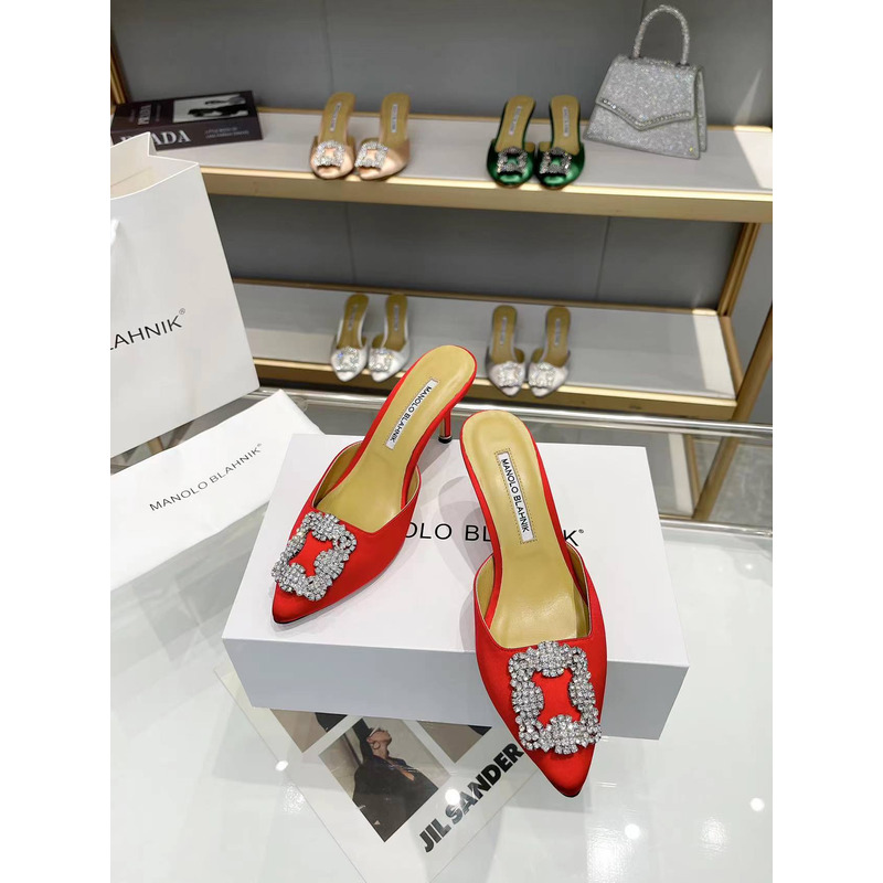 Manolo Blahnik Okkava 105 Jeweled Crystal Buckle Satin High-heeled Red