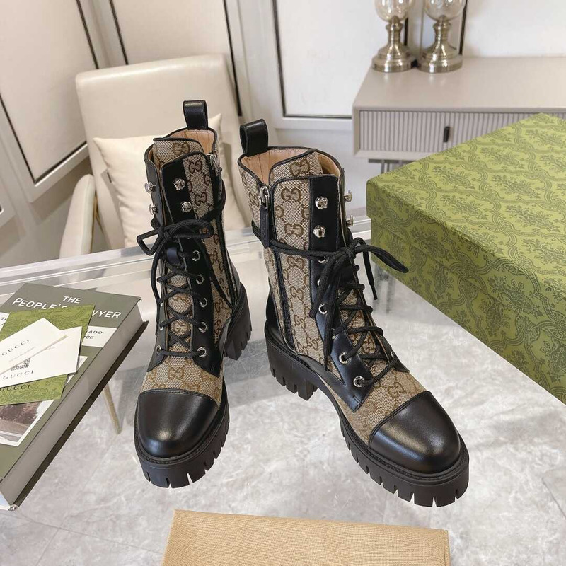 G*u*i gg quilted lace-up ankle boots canvas & leather black